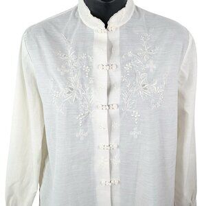 VTG 80s Hand Embroidered & Cutwork Ivory Asian Inspired Top Women’s L Daffodil